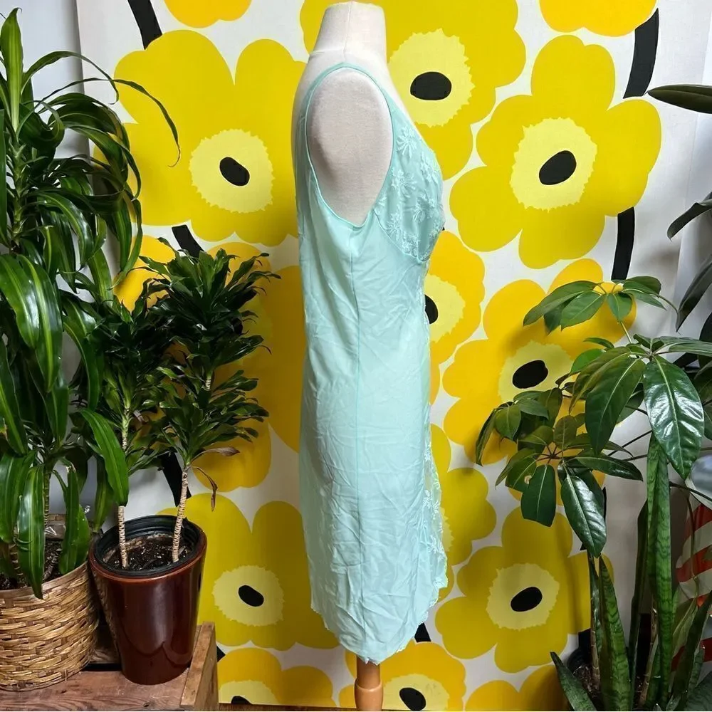 Dreamy 1950s Mint Green Satin Lace Embroidered Slip Lingerie Nightgown - Picture 7 of 9